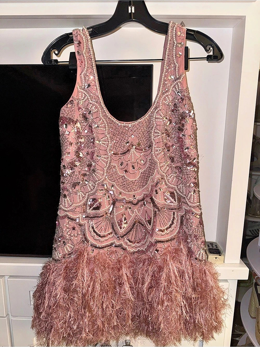 ASOS Beaded Feather Hem Mini Dress in Pink Size 0